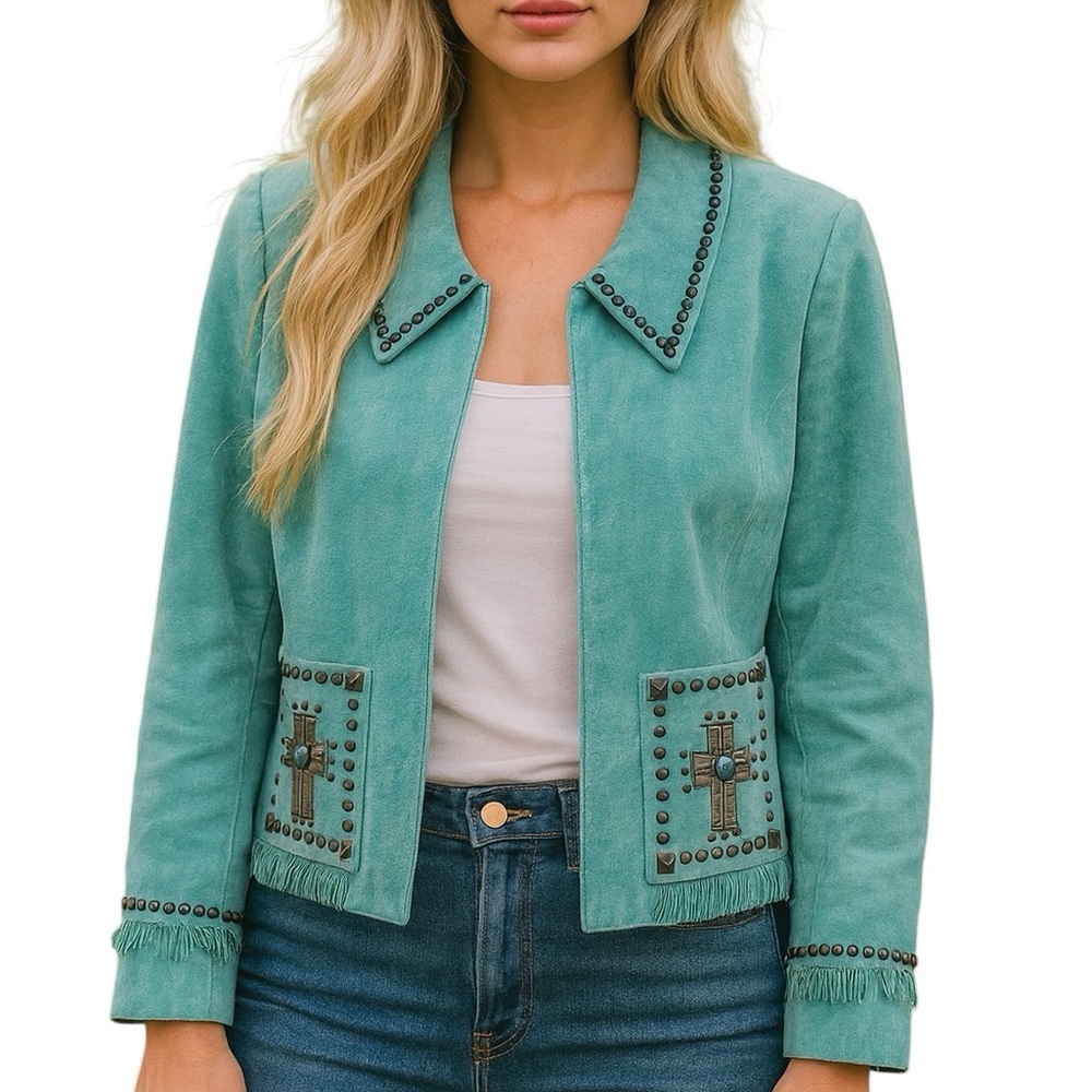 Double D Ranch incredibly heavily embroidered Robin’s egg, blue suede jacket
